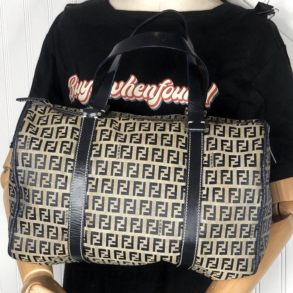 FENDI Zucca Navy Blue Leather Grey Canvas Boston Carry-On Bag Speedy 30 EUC - Picture 3 of 17